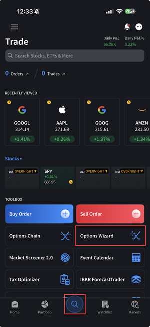 The options wizard button on the iPhone. 